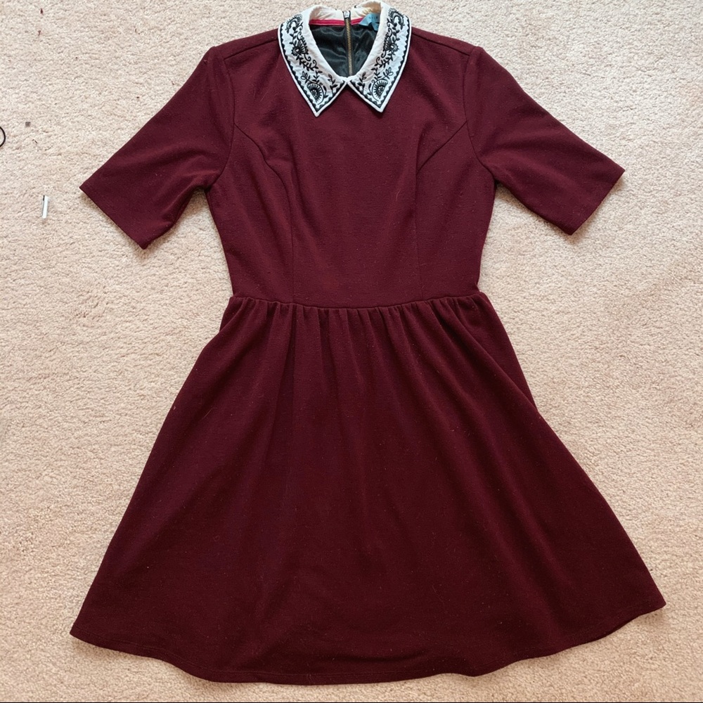 ModCloth Embroidered Maroon Shirtdress